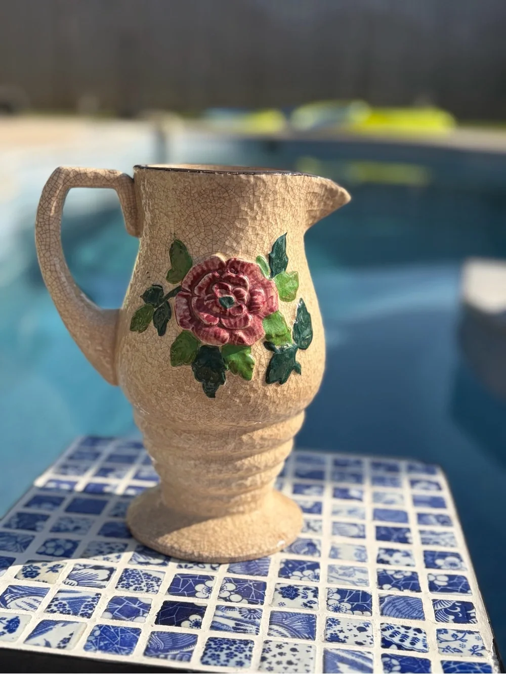 Handcrafted Floral Ceramic Pitcher and Cups Set - Pink Flowers on Cream